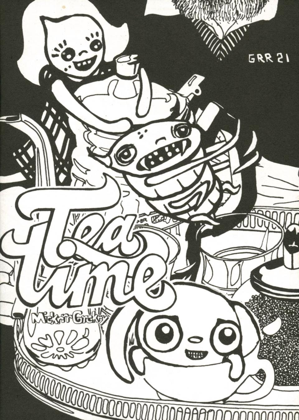 Black and white cartoon cover with title tea time